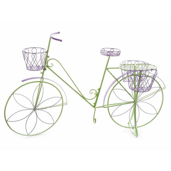 Suport flori cu 4 suporturi ghiveci metal verde mov model bicicleta cm 135 cm x 41 cm x 86 H