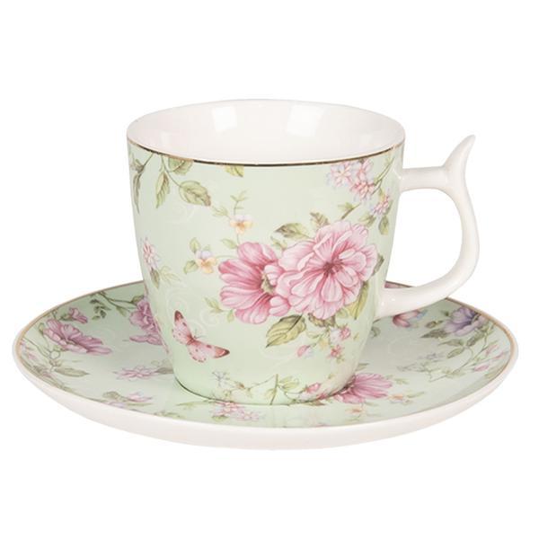 Ceasca cu farfurioara portelan verde roz roses diametru 7 x 7 cm 0,16l