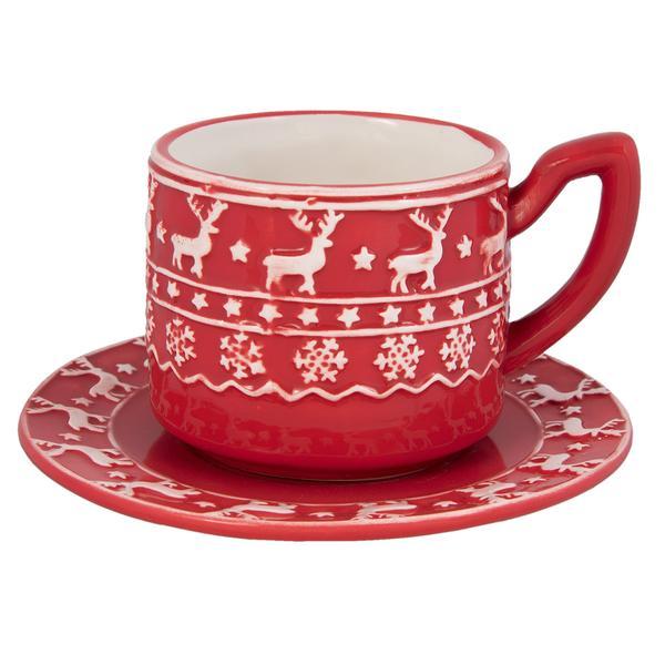 Ceasca cu farfurie ceramica rosu alb model ren diametru 15x10 cm