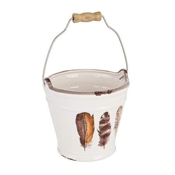 Ghiveci decorativ pentru flori ceramica alba maro diametru 13 cm x 12h 