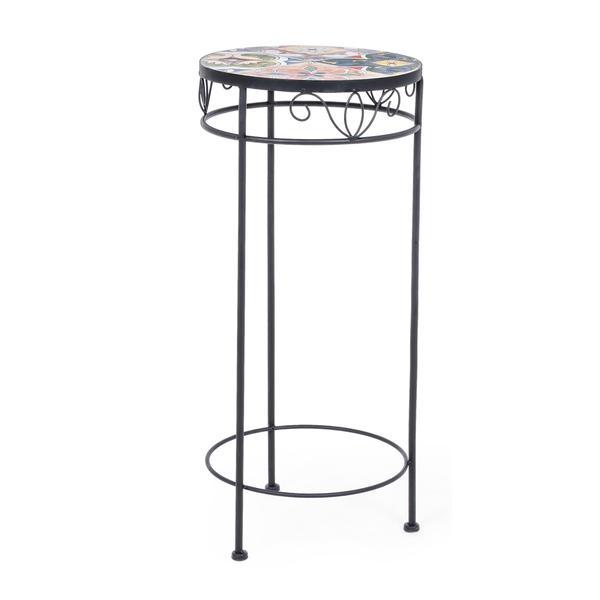Suport ghiveci flori din fier forjat negru cu blat ceramic multicolor diametru 30 cm x 68 h