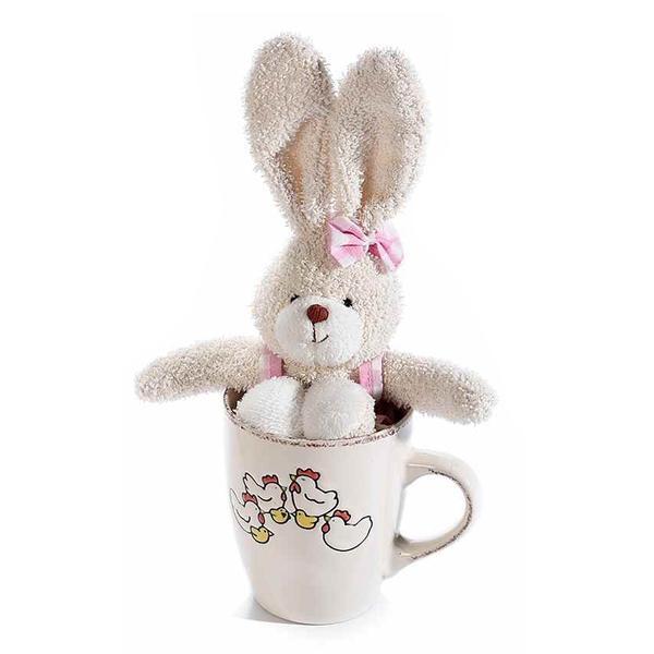 Set cadou cana si figurina iepuras fundita roz diametru 9 cm x 11 h 340 ml