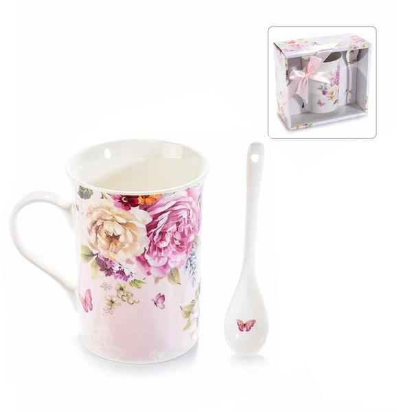 Cana portelan cu lingurita si cutie cadou model flori diametru 8 cm x 11 h 300 ml
