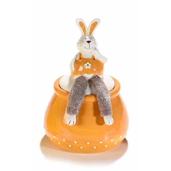 Borcan decorativ paste model iepuras ceramica portocaliu maro diametru 12 cm x 18 h