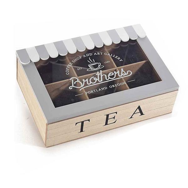 Cutie din lemn pentru ceai lemn alb natur gri sticla 6 compartimente cm 23 x 16 cm x 7 h