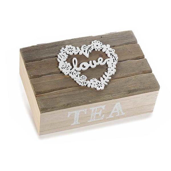 Cutie ceai lemn bej natur 6 compartimente model love cm 21 x 14 cm x 8 h