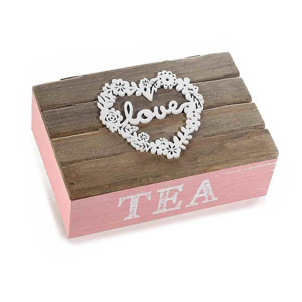Cutie ceai lemn roz natur 6 compartimente model love cm 21 x 14 cm x 8 h