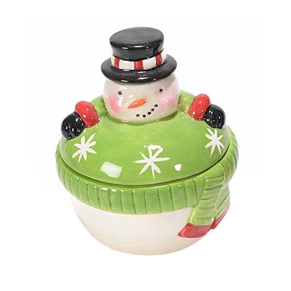 Borcan craciun ceramic decorativ cu capac model om de zapada diametru 9 cm x 10 h