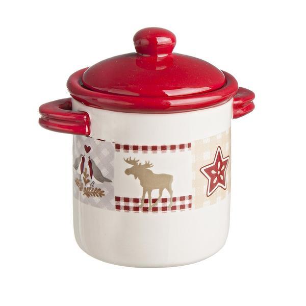 Borcan craciun ceramic decorativ cu capac model ren alb rosu 13xx14h