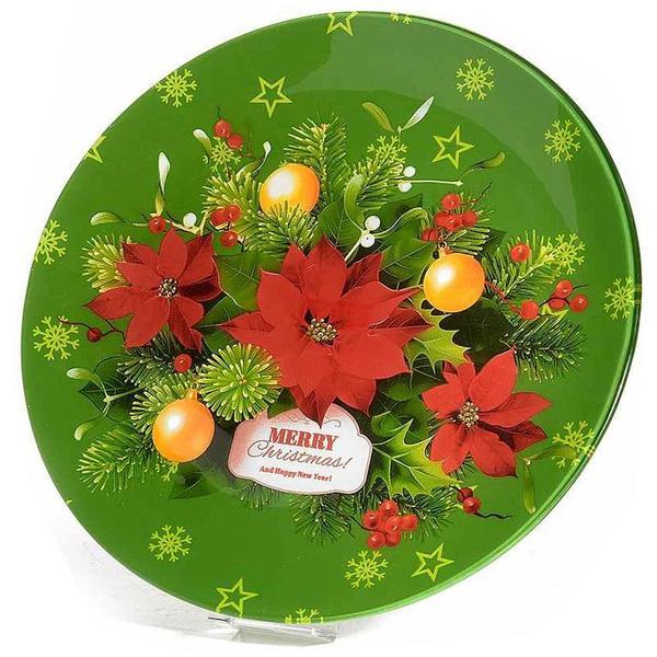 Platou sticla merry christmas green diametru 30 cm
