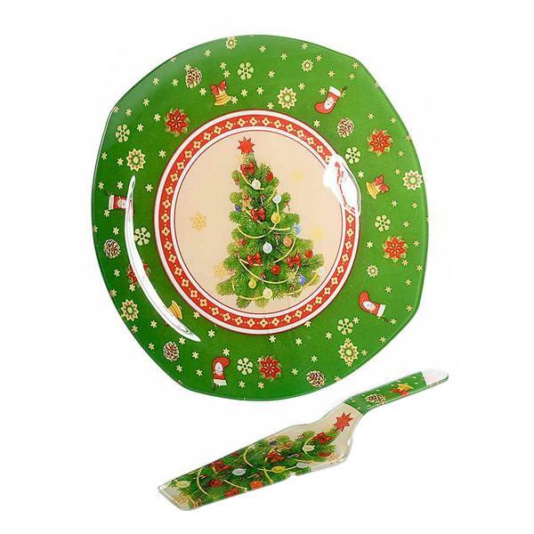 Platou sticla cu paleta servire verde decor craciun diametru 30 cm