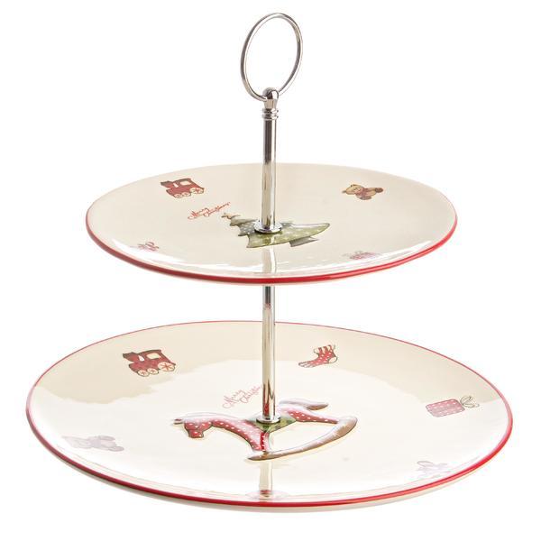 Platou ceramic rosu doua etaje model brad diametru 26x23h