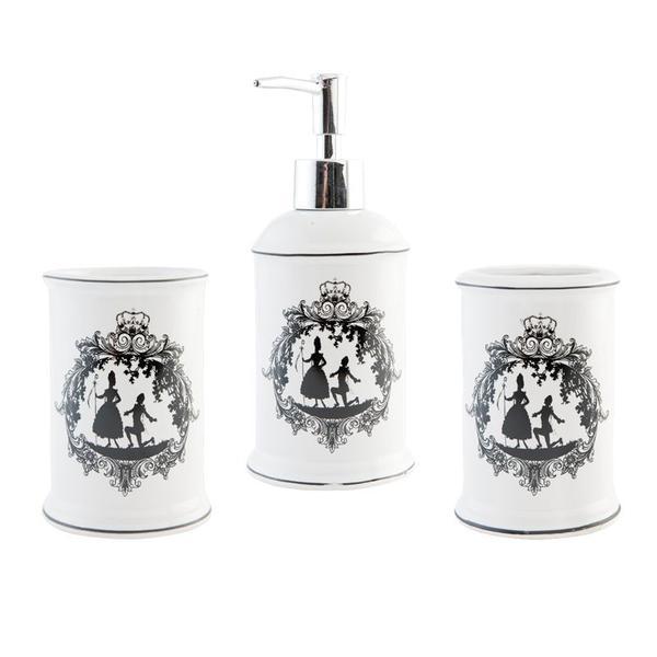 Set baie ceramica alba negru 3 piese diametru 8x20 cm 0,25l