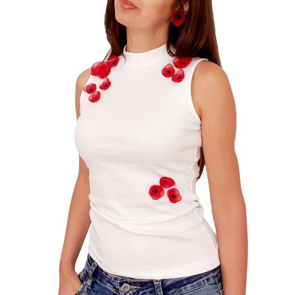 Top personalizat cu maci rosii 3D din voal, S, alb, Poppy Love, Zia Fashion