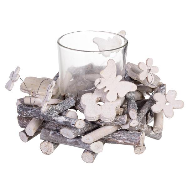 Suport lumanare lemn sticla margarete diametru 12 cm x 8 h