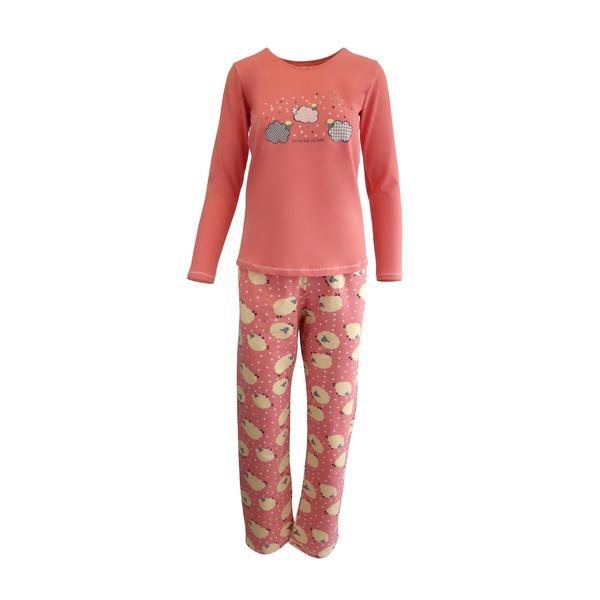Pijama dama, univers fashion, bluza corai cu imprimeu nori si stele, pantaloni corai cu imprimeu oite, xl