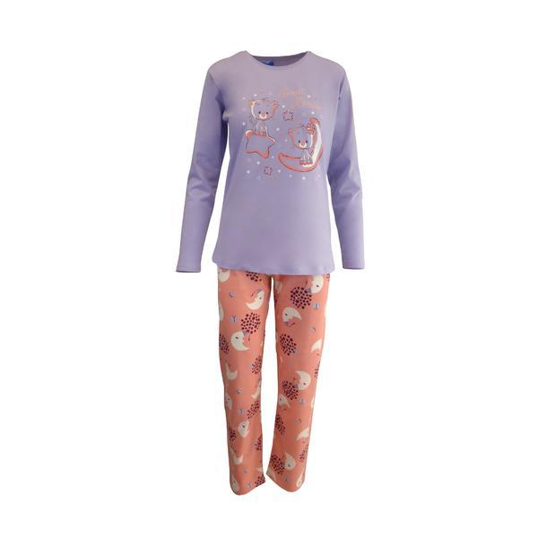 Pijama dama, Univers Fashion, bluza mov cu imprimeu pisici, pantaloni corai cu imprimeu semiluna, 2XL