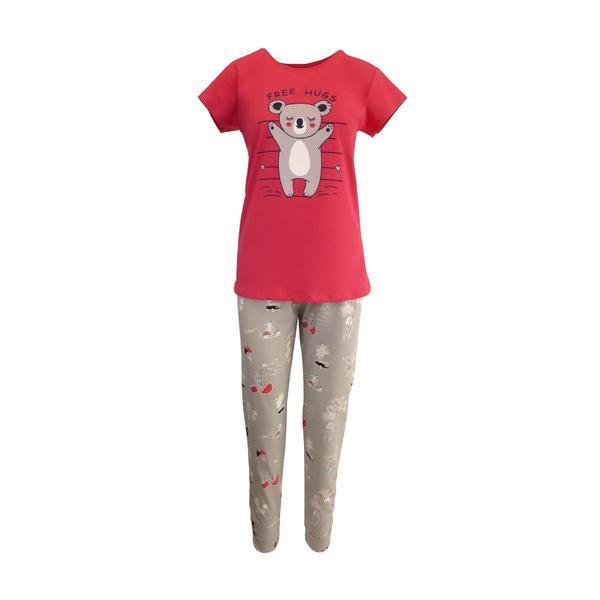 Pijama dama, univers fashion, bluza fucsia cu imprimeu ursulet, pantaloni gri deschis cu imprimeu, xl