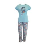 Pijama dama, Univers Fashion, bluza albastru cu imprimeu feta si pisica, pantaloni albastru deschis cu imprimeu pisici, M