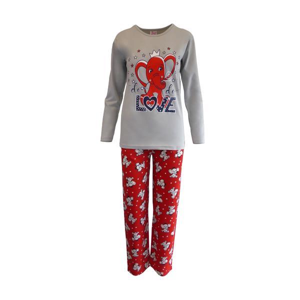 Pijama dama, Univers Fashion, bluza gri cu imprimeu elefant, pantaloni rosu cu imprimeu elefanti, 2XL