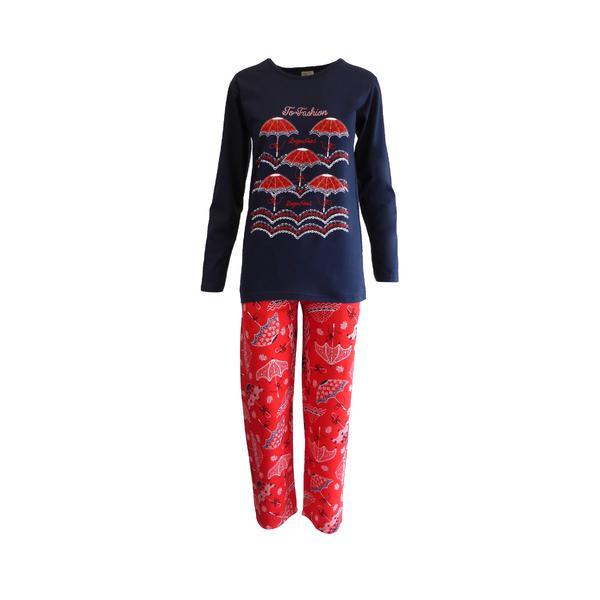 Pijama dama, univers fashion, bluza albastru cu imprimeu umbrele, pantaloni rosu cu imprimeu umbrele, l