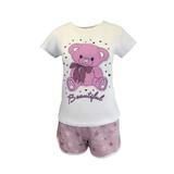 Pijama dama, Univers Fashion, bluza alba cu imprimeu ursulet, pantaloni scurti roz cu imprimeu stele, L
