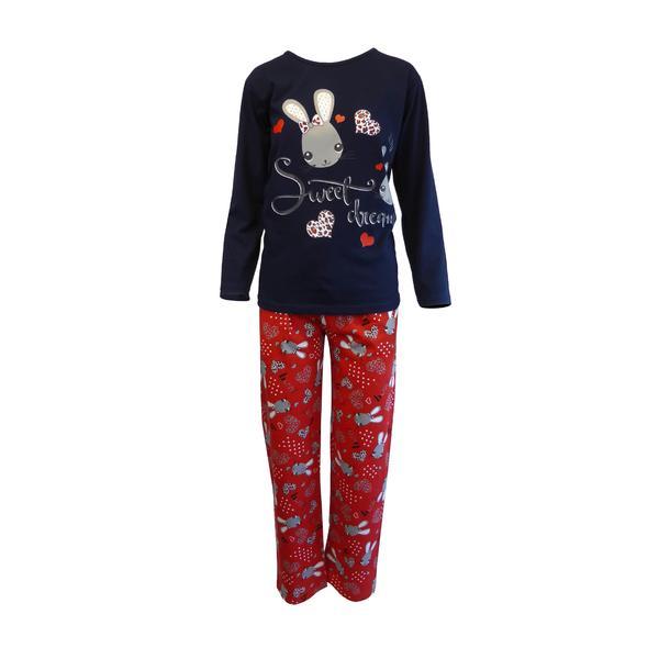 Pijama dama, Univers Fashion, bluza albastru cu imprimeu 'Sweet dream', pantaloni rosu cu imprimeu iepurasi, 2XL