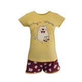 Pijama dama, Univers Fashion, bluza galben cu imprimeu pisica, pantaloni scurti grena cu imprimeu pisici, XL