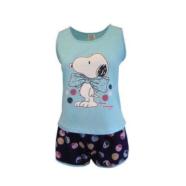 Pijama dama, univers fashion, maiou albastru deschis cu imprimeu snoopy, pantaloni scurti albastru inchis cu imprimeu buline, l