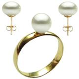 Set Aur Cercei cu Surub si Inel cu Perle Naturale Albe, marimea 18,9 mm - Cadouri si perle