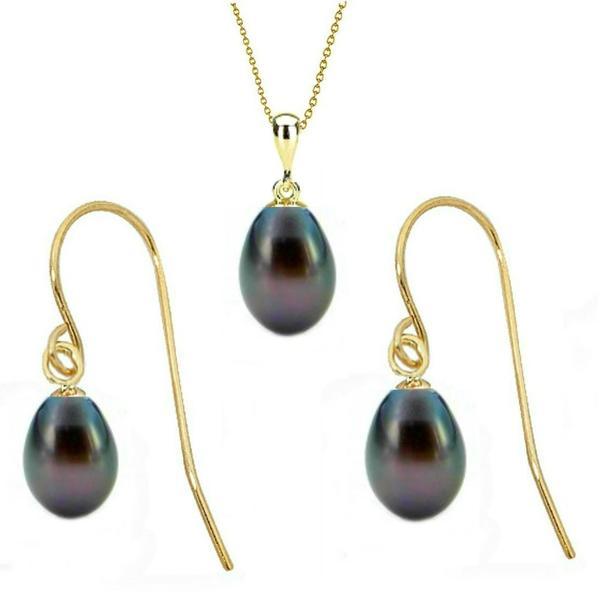Set din aur si perle naturale teardrops negre - cadouri si perle