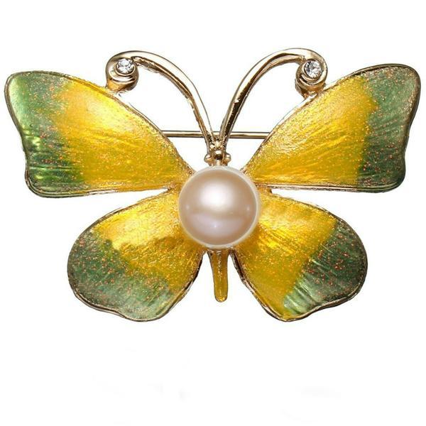 Brosa pandantiv fluture galben cu perla naturala crem de 8 mm - cadouri si perle
