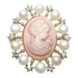 Brosa Pandantiv camee roz cu perle naturale albe - Cadouri si perle