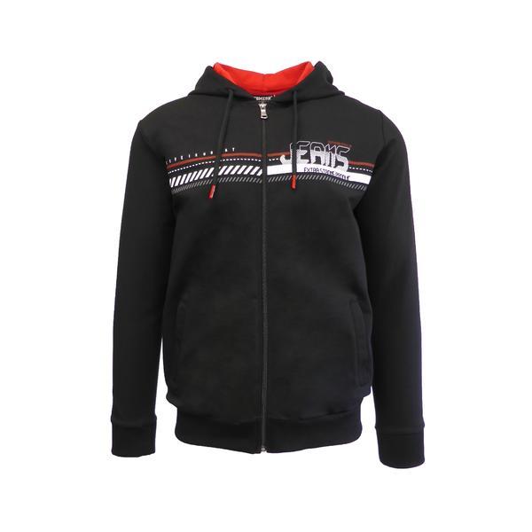 Hanorac pentru barbat, univers fashion, culoare neagra cu 2 buzunare si gluga, imprimeu pe piept si maneca dreapta, m