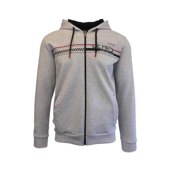Hanorac pentru barbat, univers fashion, culoare gri deschis cu 2 buzunare si gluga, imprimeu pe piept si maneca dreapta, l