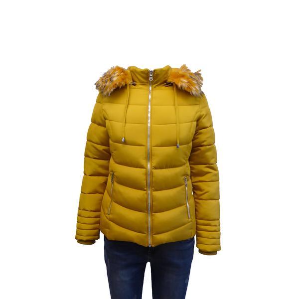 Geaca dama univers fashion cu vatelina, blana sintetica detasabila la gluga, culoare galben mustar, m