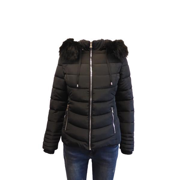 Geaca dama univers fashion cu vatelina, blana sintetica detasabila la gluga, culoare negru, xs