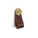 Maner, buton Flexa din piele maro pentru mobilier, cu ornament finisaj alama, L= 70 mm - Viefe