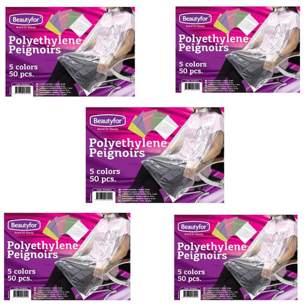 Pachet 5 x Pelerina de unica folosinta din polietilena – Beautyfor Disposable Polyethylene Peignoir, negru, 50 buc Beautyfor Pachete Promo