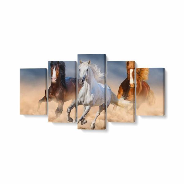 Tablou multicanvas 5 piese, three horse in desert, 100 x 50 cm, 100% poliester