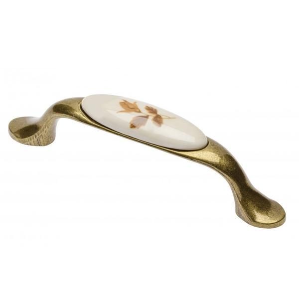 Maner vintage cu insertie ceramica floare maro, finisaj auriu antichizat - Maxdeco
