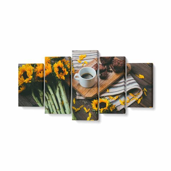 Tablou multicanvas 5 piese, cafea langa floarea soarelui, 200 x 100 cm, 100% bumbac