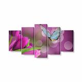 Tablou MultiCanvas 5 piese, Fluture si Lalele Mov, 100 x 50 cm, 100% Poliester