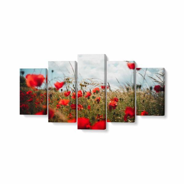 Tablou multicanvas 5 piese, maci in lanul de grau, 200 x 100 cm, 100% bumbac