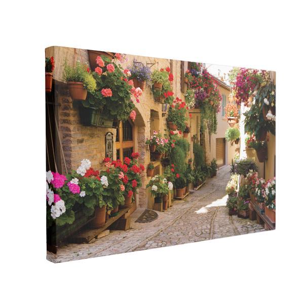 Tablou canvas alee medievala cu flori in spello, 40 x 60 cm, 100% bumbac