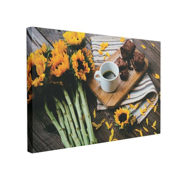 Tablou canvas cafea langa floarea soarelui, 60 x 90 cm, 100% bumbac