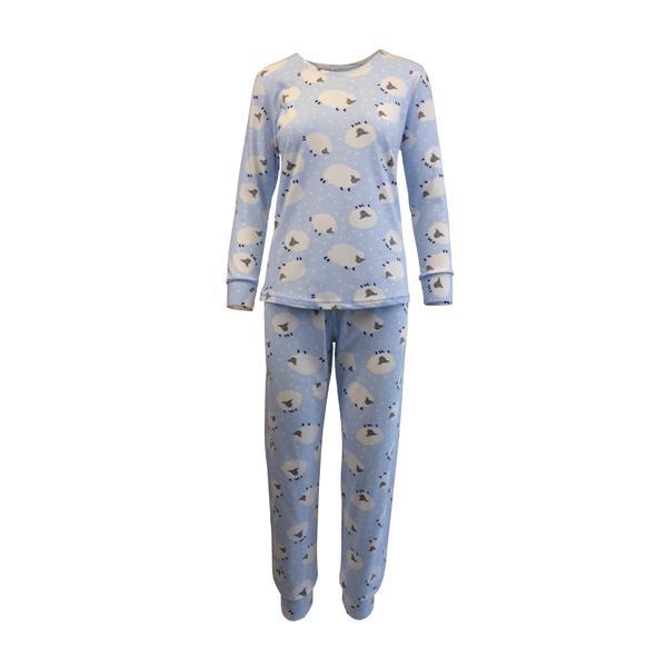 Pijama dama, Univers Fashion, bluza si pantaloni albastru deschis cu imprimeu oite, XL