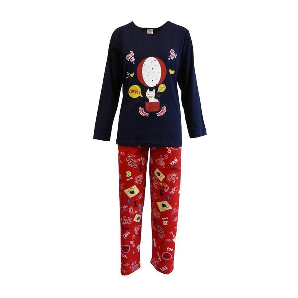 Pijama dama, Univers Fashion, bluza albastru cu imprimeu pisica, pantaloni rosu cu imprimeu, 2XL