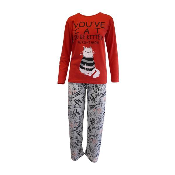Pijama dama, Univers Fashion, bluza rosu cu imprimeu pisica, pantaloni gri cu imprimeu, 2XL