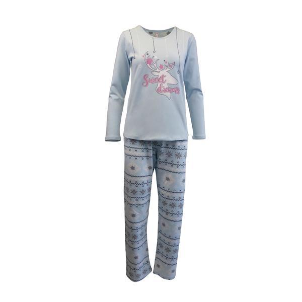 Pijama dama, univers fashion, bluza turcoaz cu imprimeu 'sweet dreams', pantaloni albastru deschis cu imprimeu etnic, s